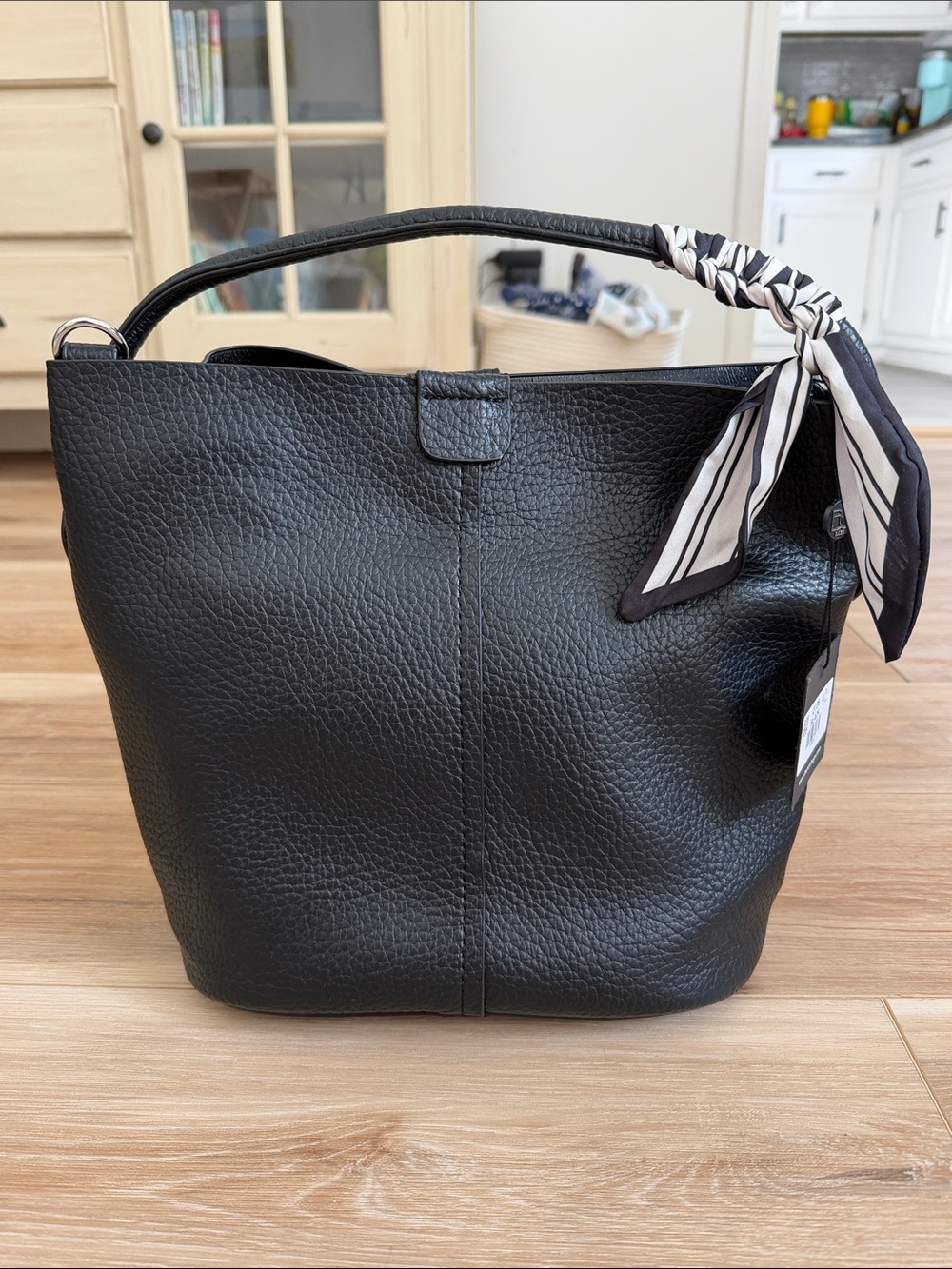 Classic Black Pebbled Shoulder Tote with Knotted Scarf Accent